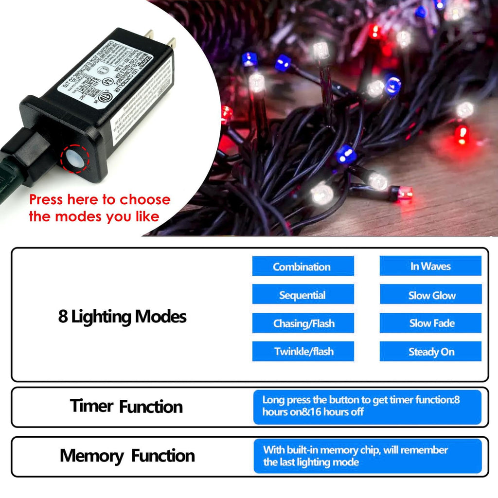 200 LED Red White and Blue Christmas String Lights Outdoor Indoor, 66FT Twinkle Lights Extendable Green Wire Waterproof for 4th of July Independence Day Memorial Day Xmas Tree Party Decorations
