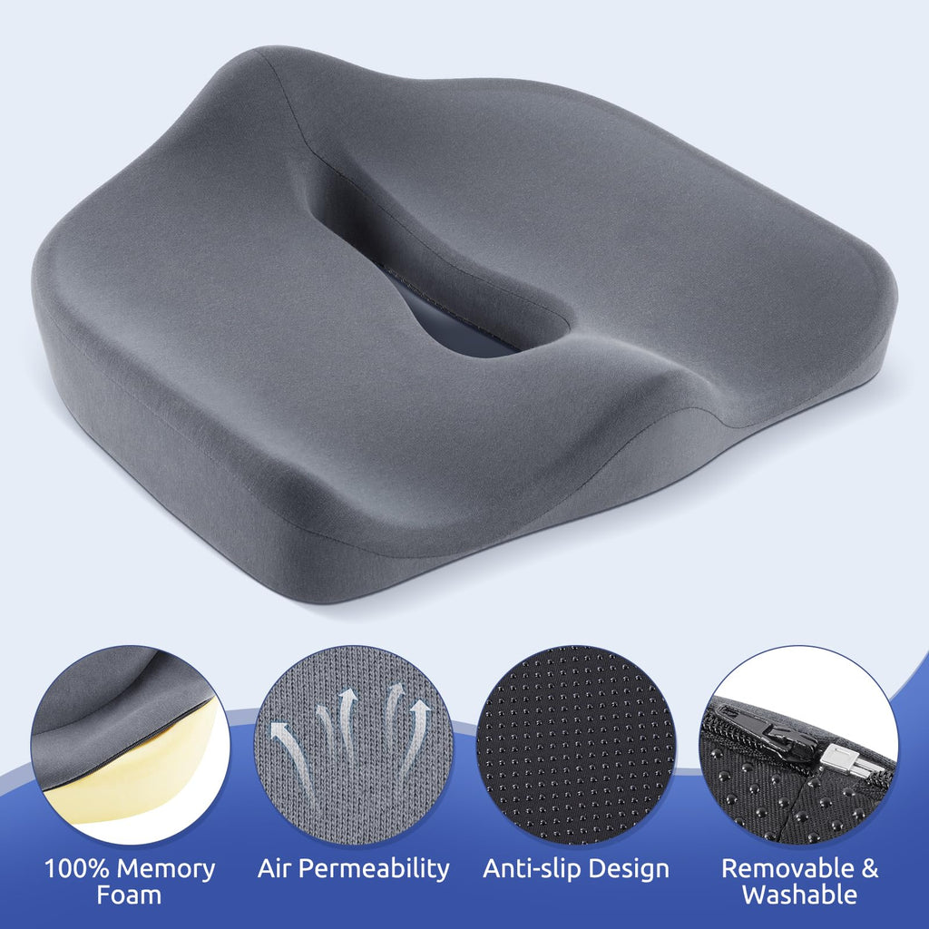 Ergonomic Seat Cushion for Tailbone Pressure Relief - Memory Foam Seat Pad for Comfort & Posture Improvement - Ideal for Office Chair,Desk Chairs, Car Seats, Wheelchairs, Home & Office Use(Dark Gray)