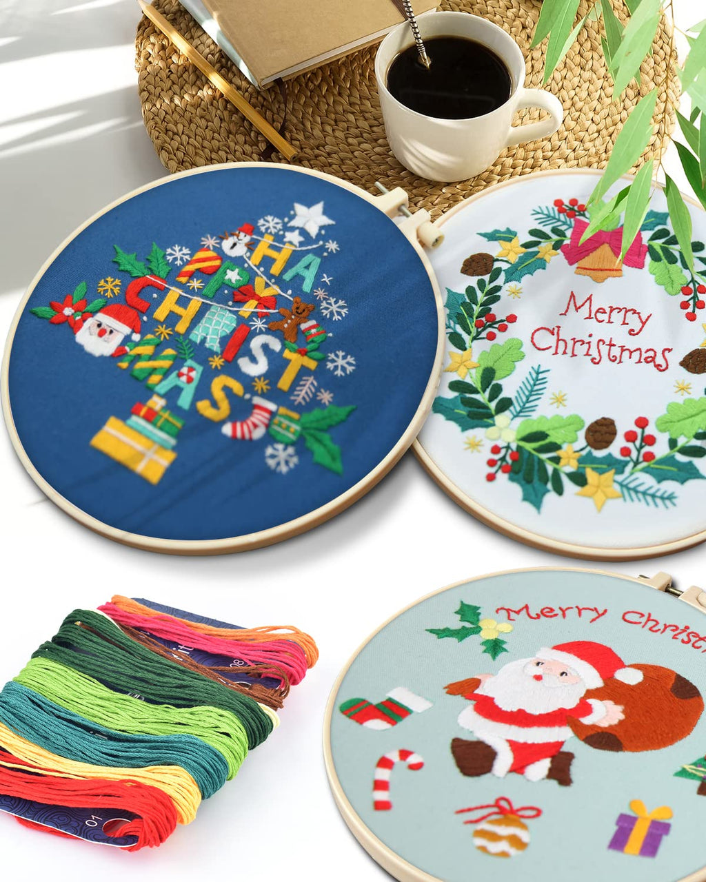 Christmas Embroidery Kit for Adult Beginners, 3 Sets Embroidery Stitch Practice kit Include Embroidery Cloth Hoops Threads for Craft Lover Hand Stitch (Santa Claus & Tree & Wreath)