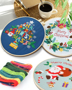 Christmas Embroidery Kit for Adult Beginners, 3 Sets Embroidery Stitch Practice kit Include Embroidery Cloth Hoops Threads for Craft Lover Hand Stitch (Santa Claus & Tree & Wreath)