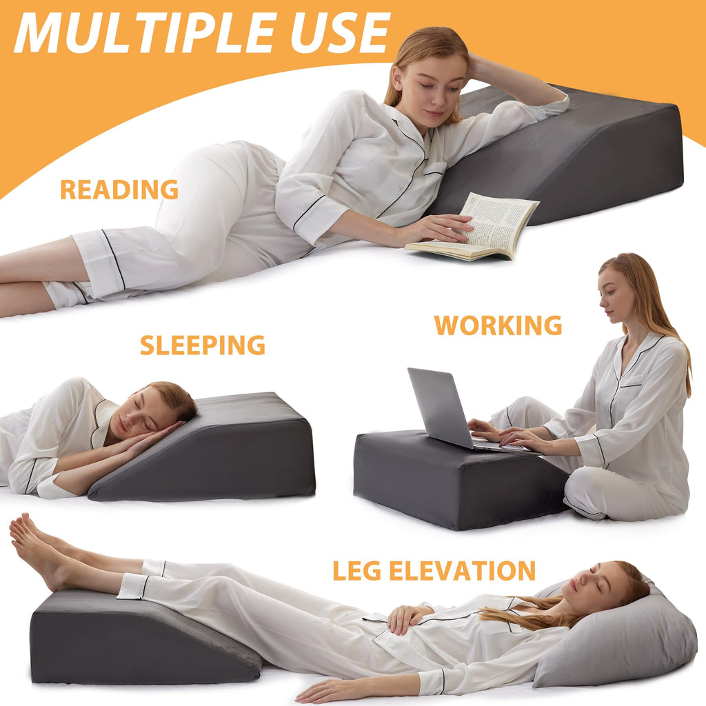 Bedluxe Leg Elevation Pillows, Leg Pillows for Sleeping, Cooling Gel Memory Foam Top, Wedge Pillow for Legs, Leg Wedges for Circulation, Swelling, After Surgery - Removable Cover (8 Inch, Dark Grey)