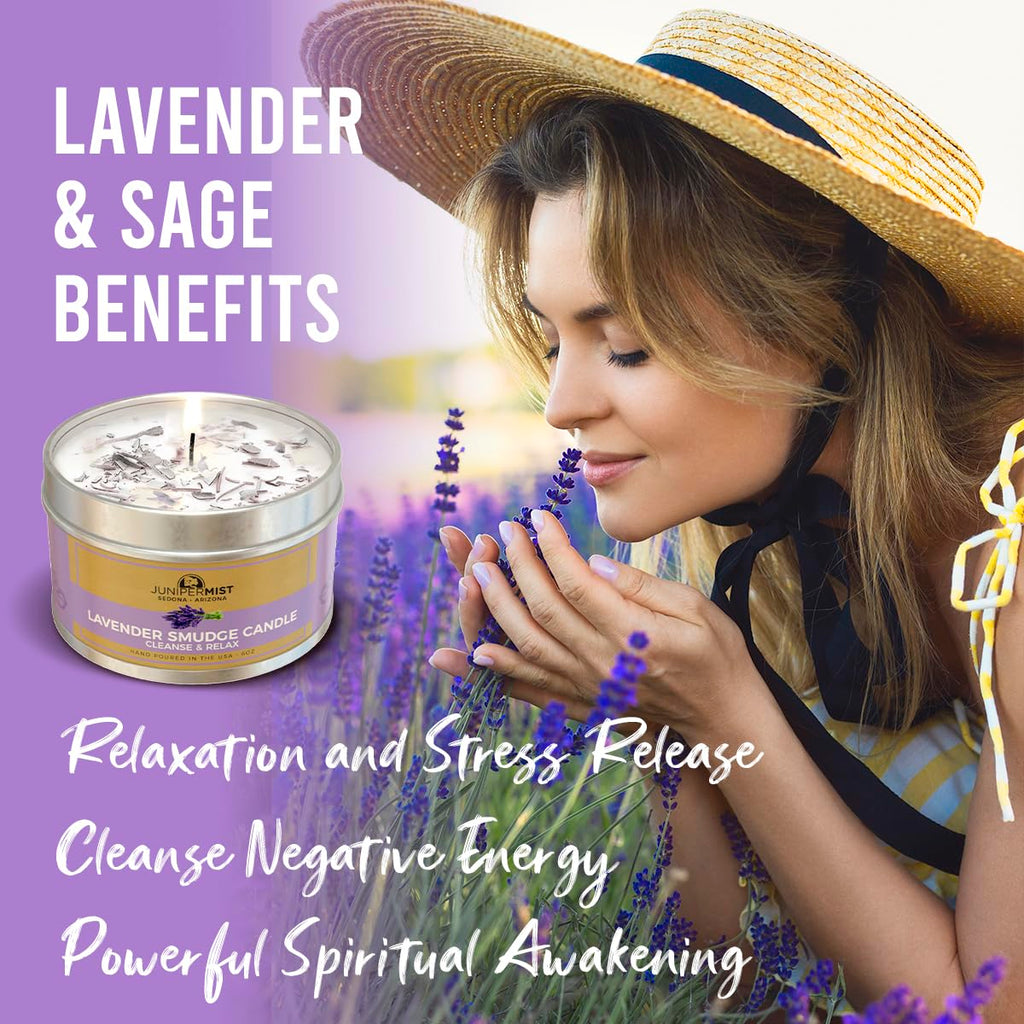 JUNIPERMIST Lavender Sage Smudge Candle (6 Oz) - for Meditation & Cleansing Negative Energy - Made in USA with Soy Wax, Essential Oils, Sage - Smokeless Alternative to Sage Smudge Sticks