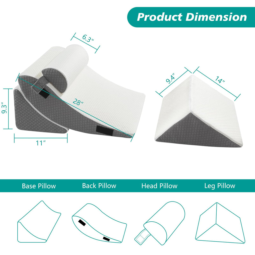 Longering 4PCS Orthopedic Bed Wedge Pillow Set for Post Surgery - Adjustable Wedge Pillow for Neck Back and Leg Pain Relief - Triangle Pillow Wedge for Acid Reflux & Sleeping & GERD (White Grey)