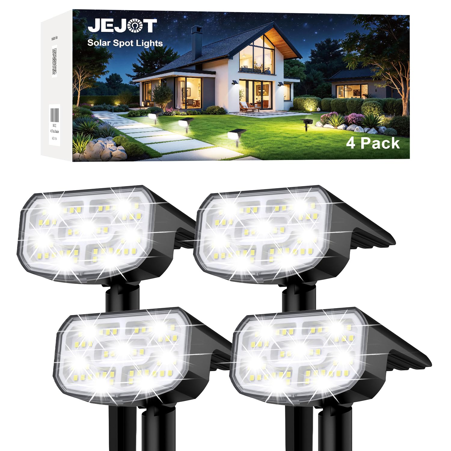 JEJOT Solar Spot Lights Outdoor Waterproof IP65,4 Pack,Cool Light,2 Lighting Modes Selectable, Solar Powered Yard Garden Solar Spot Lights for Outside Landscape Auto On/Off