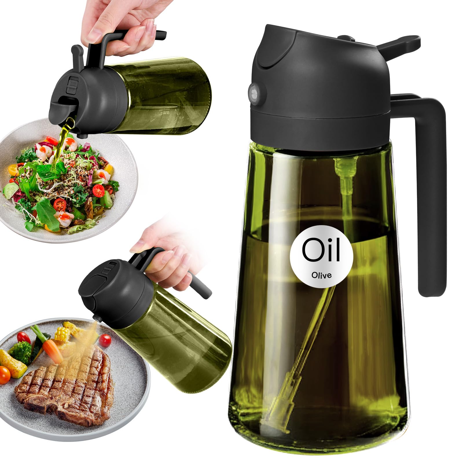 YARRAMATE 16oz/470ml Light-Blocking Dark Oil Sprayer for Cooking, 2 in 1 Olive Oil Dispenser Bottle for Kitchen, Premium Dark Green Glass Oil Bottle, Food-Grade Oil Mister for Air Fryer, BBQ (Black)