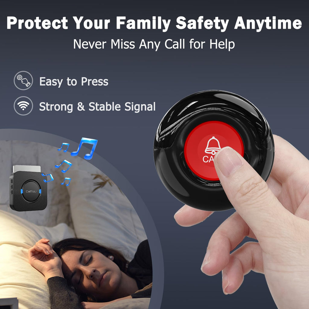 CallToU Wireless Caregiver Call Button Elderly Monitoring Alert Systems for Seniors 1 Plugin Receiver 2 Waterproof Transmitters