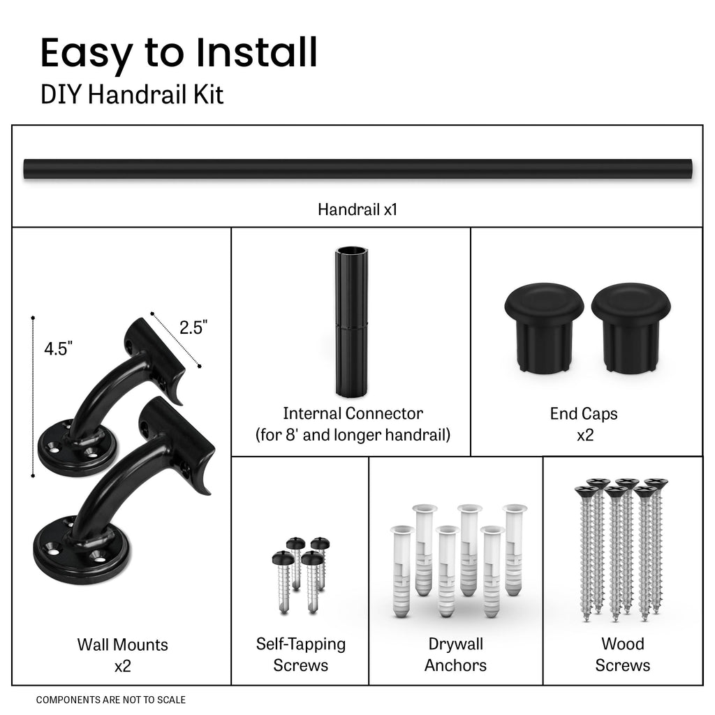 Meranti Aluminum Handrail for Indoor or Outdoor Steps and Stairs – Hand Rails for Elderly – DIY Complete Stair Railing Kit (7' Length, Black)