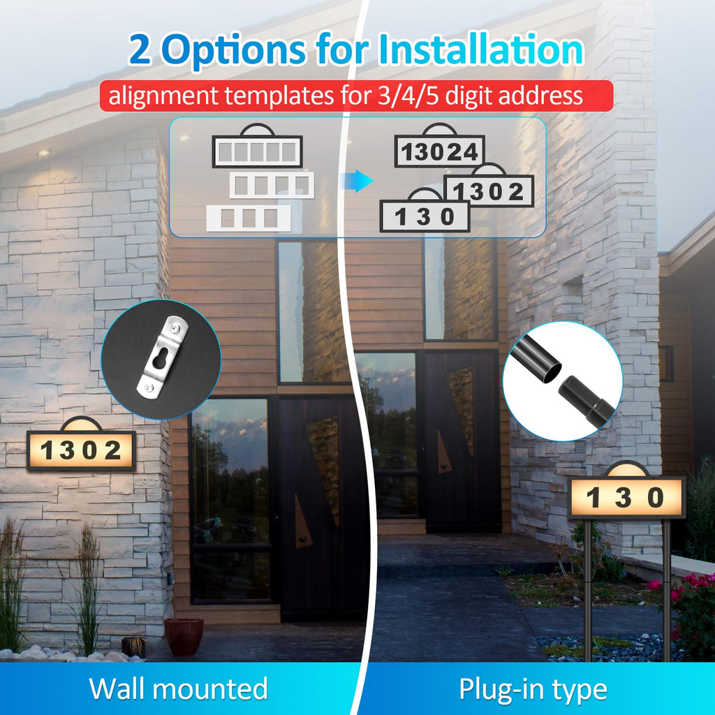 Solar Address Signs for Yard, Solar Powered Address Sign with Warm White & Cold White, IP65 Waterproof Solar House Numbers for Outside, LED Illuminated Plaques Wall Mounted & In Ground