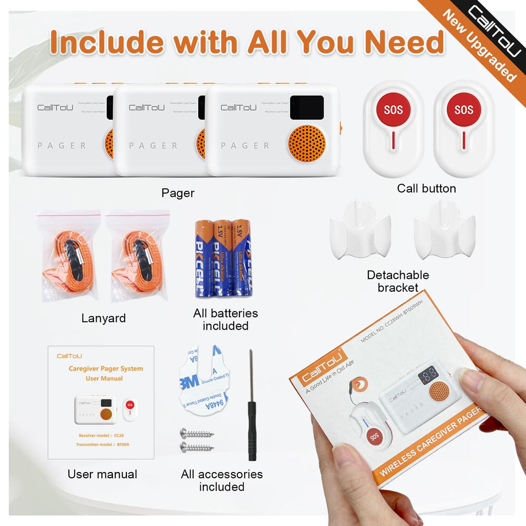 CallToU 1000FT Caregiver Pager Wireless Call Button with Vibration Digital Display Low Power Reminder for Elderly Monitoring Nurse Alert Call Button Call Bell for Patients/Disabled/Home/Office