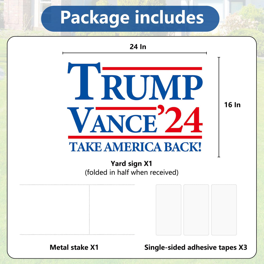 Probsin Trump Vance 2024 Yard Sign Double Sided 16" x 24" Trump Vance'24 Take America Back MAGA Signs Voted for Trump Vance Outdoor Decorations for Lawn, Garden, Window, Party Supplies (White)