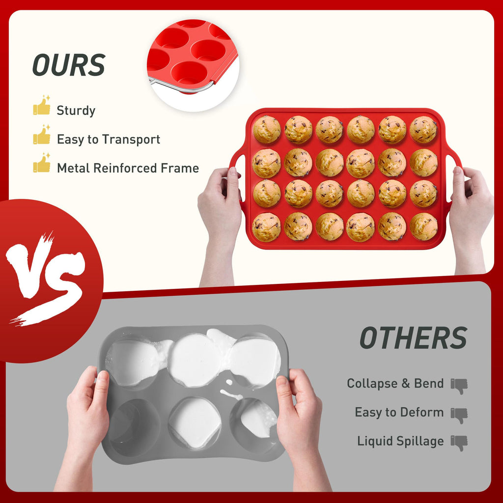 24 Cups Silicone Muffin Pan with Metal Reinforced Frame Mini Size Cupcake Pan Tray Egg Bites Silicone Circle Cookie Molds Muffin Tin Tart Pans Baking Sheet Set for Breakfast Sandwiches Round