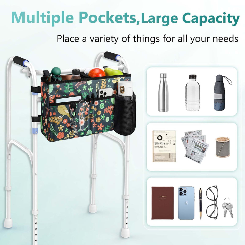 Rhino Valley Walker Bag, Multi Pockets Folding Walker Basket Tote Bag with Cup Holder, Hand-Free Carry Pouch Storage Bag for Universal Walkers, Large Capacity Organizer for Seniors Elderly, Birds