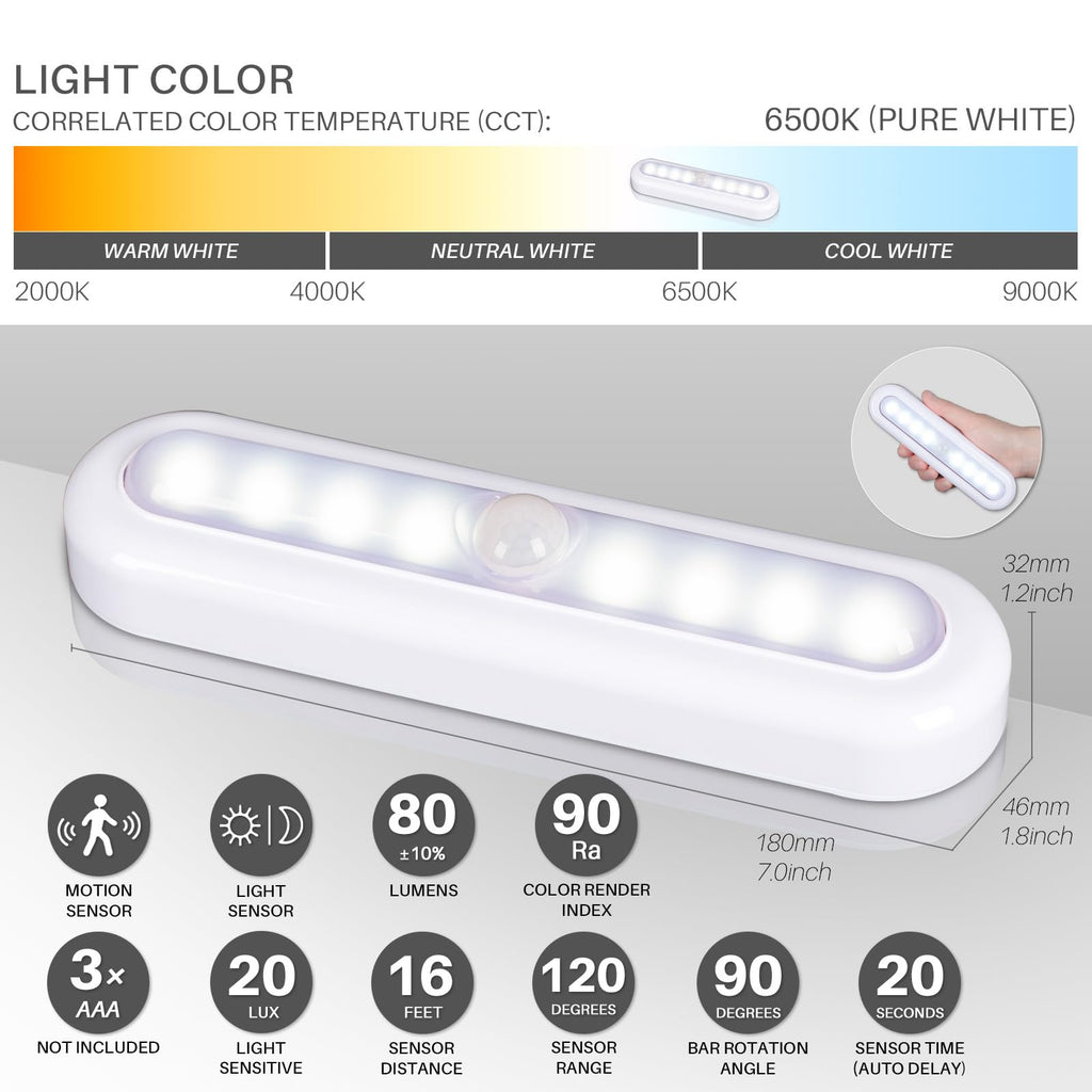 3 Pack 7” Motion Sensor Lights Indoor Battery Operated, Stick on LED Light for Closet, Stairs, Under Cabinet, Cool White