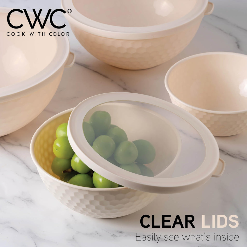 COOK WITH COLOR Mixing Bowls with Lids - 12 Piece Plastic Nesting Bowls Set includes 6 Prep Bowls and 6 Lids, Non Slip Bottom and Embossed Design - Microwave Safe (Cream)