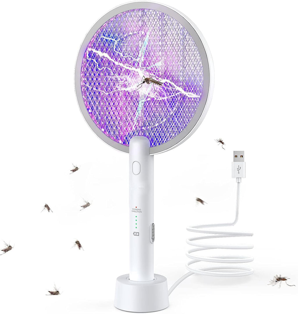 VLISBO Electric Mosquito Swatter 3000V Bug Zapper Racket Dual Modes 2 in 1 Mosquito Killer with Fly Light with USB Rechargeable Base Powerful Fly Trap Lamp for Home, Kitchen, Patio - Grey White
