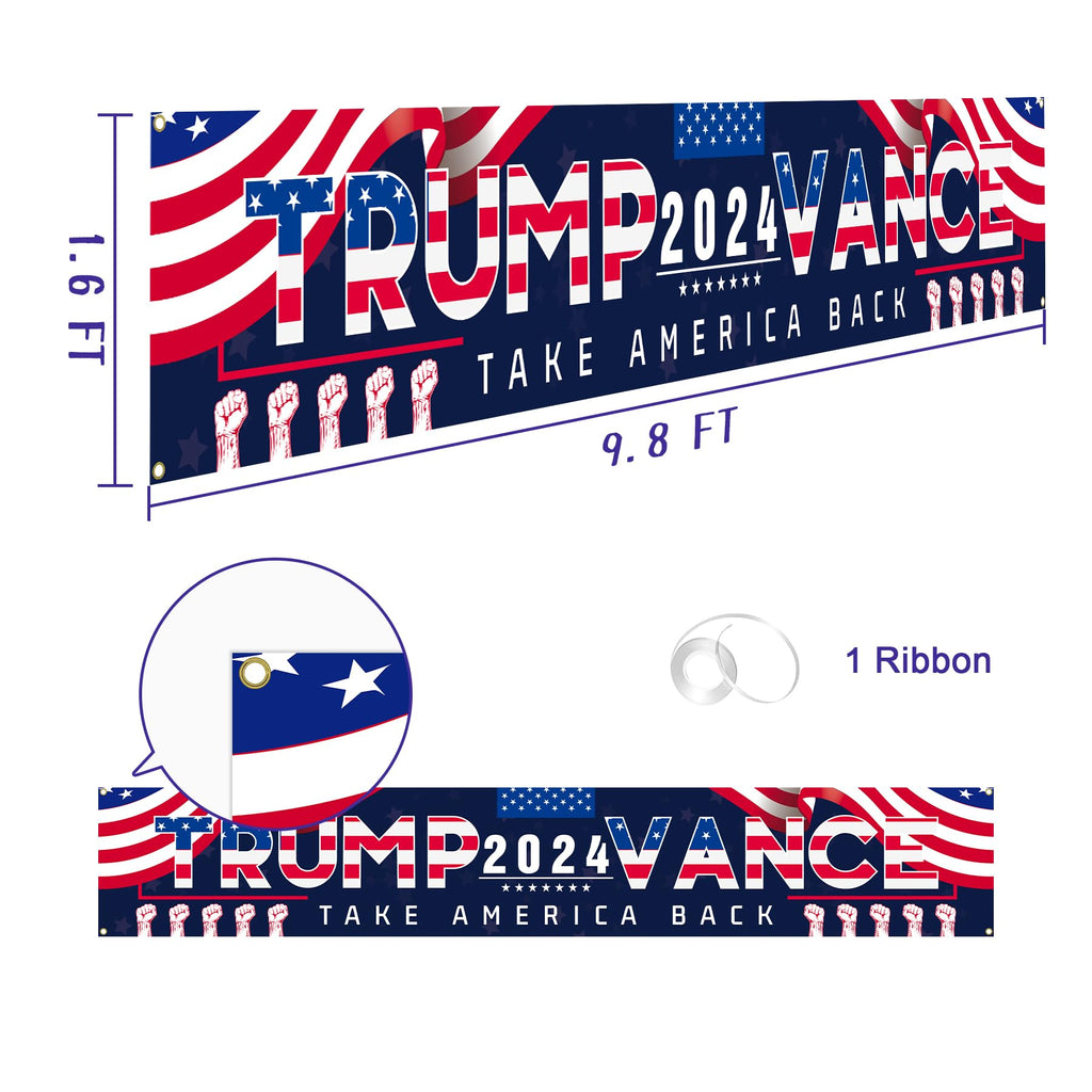 Urespkle Trump Vance 2024 Banner, Donald Trump JD Vance Take America Back Sign Banner for Yard Garden Lawn Decor, 9.8X1.6 Ft, Outdoor&Indoor