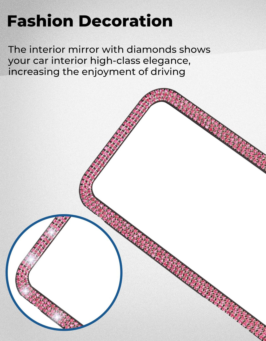 JOYTUTUS Rear View Mirror, Universal 11.81 Inch Panoramic Rearview Accessories with Bling Rhinestones Crystal Diamonds Edge, Interior Clip-on Wide Angle Rear View Mirror -Pink