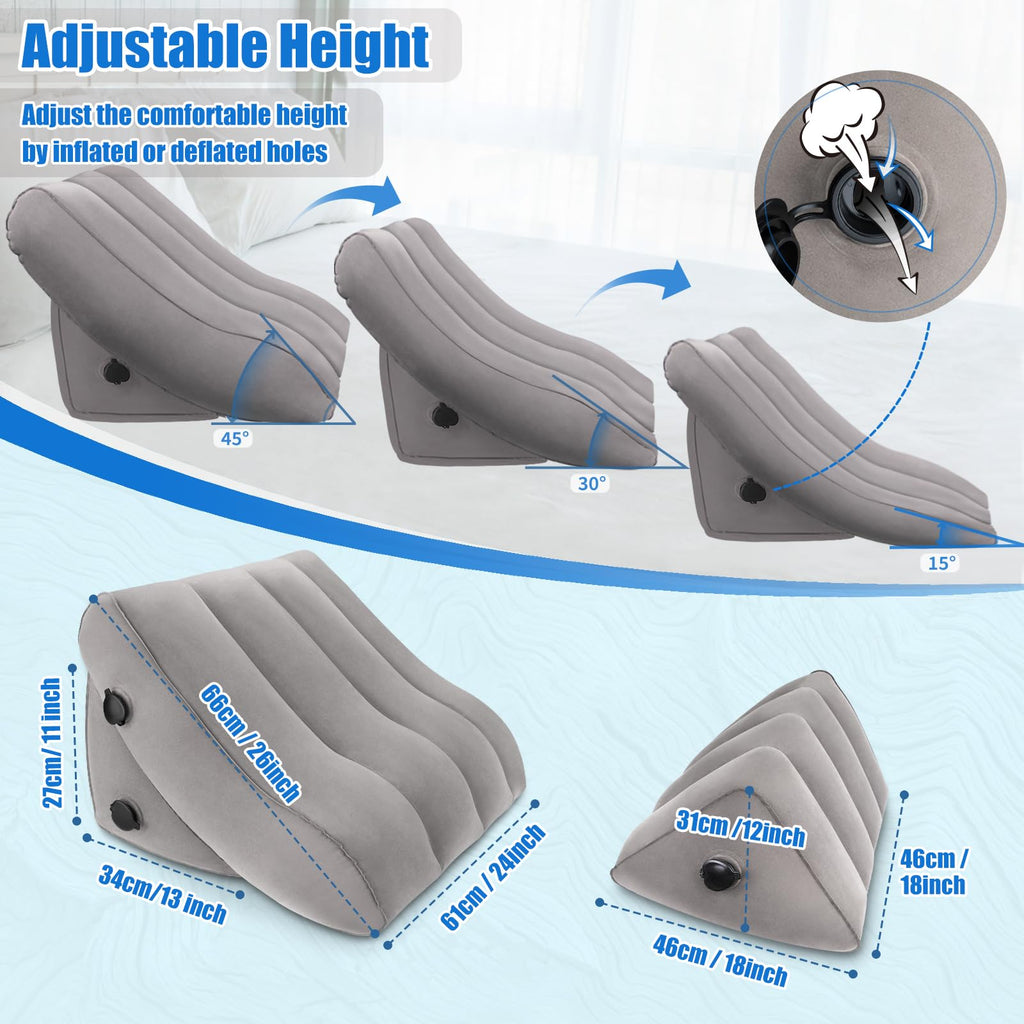 SAHEYER Inflatable Bed Wedge Pillow Set, 2 PCS Post Surgery Support Pillow for Back, Knees, Leg Pain Relief, Adjustable Sitting Pillows for Anti Snoring, Heartburn, GERD Sleeping (Gray)