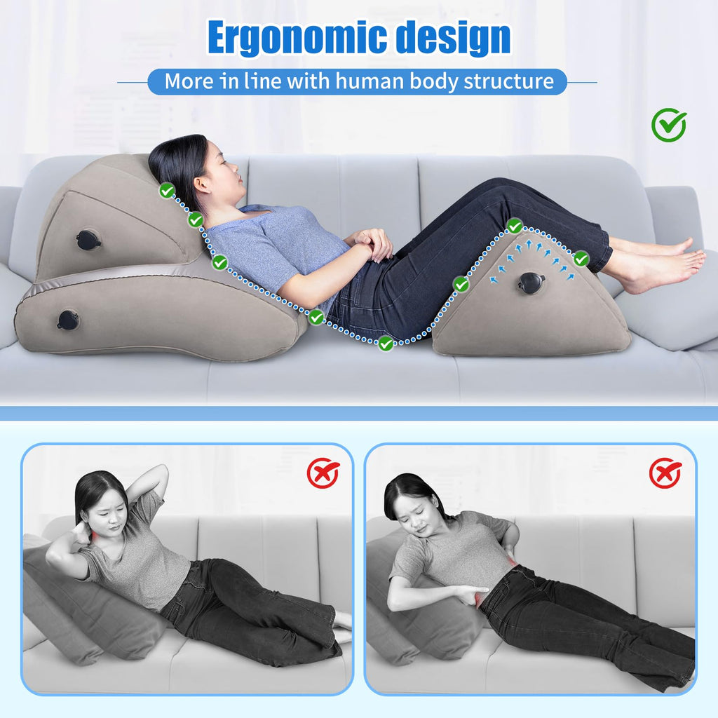 SAHEYER Inflatable Bed Wedge Pillow Set, 2 PCS Post Surgery Support Pillow for Back, Knees, Leg Pain Relief, Adjustable Sitting Pillows for Anti Snoring, Heartburn, GERD Sleeping (Gray)