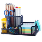 Mesh Pen Holder Desk Organizers Pencil Holder for Desk Black, 3 Compartments Metal Office Supply Organizer with Sticky Notes Holder for School Home Office