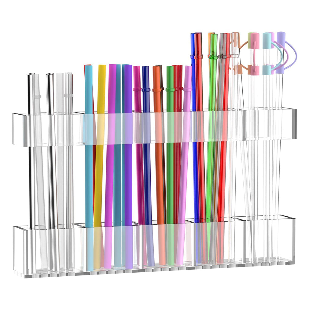 Rycid 9.5” Large Acrylic Straw Holder for Cabinet Door, Reusable Adjustable Two-Part Straws Organizer with Ultra Sticky Adhesive Strips, 2026 Straw Storage for Kitchen Cupboard (Transparent)