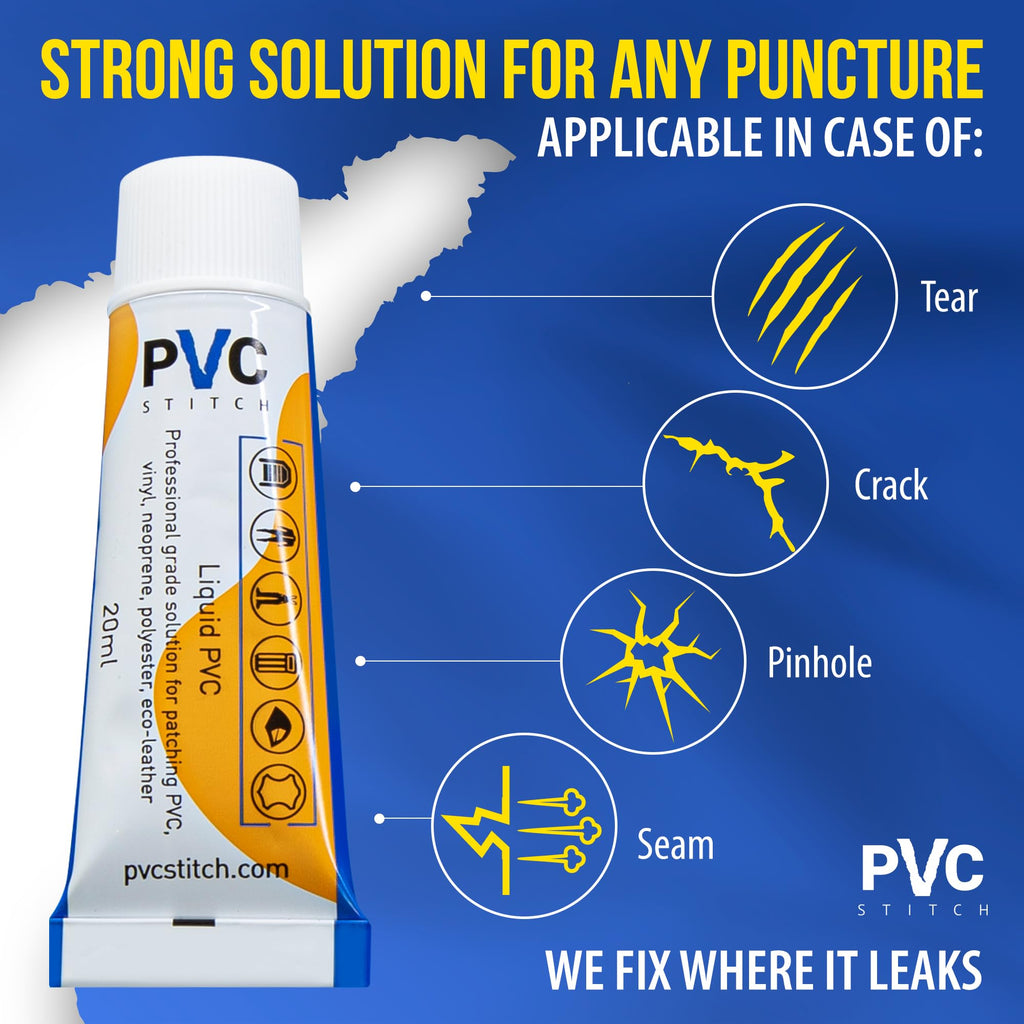 PVC Stitch Liquid Patch – Air Mattress Patch Kit Heavy Duty, Inflatable Patch Glue for PVC & PU, Inflatable Boats, Rafts, Kayaks, SUP, Hot Tubs, Waterbeds, Bounce Houses. Waterproof, 3-hr Cure, 20 ml