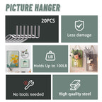 20pcs Super Hook Picture Hangers and Office Pack, Drywall Hooks for Hanging Pictures, Wall Hooks, Picture Hangers, Picture Hanging Kit，Hang Art, Clock, Shelves, Mirrors