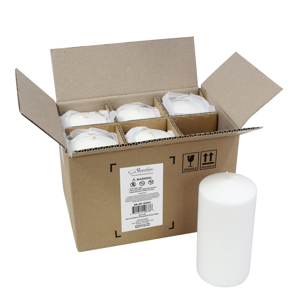 Stonebriar 6 Count Tall 3 x 6 Inch 65 Hour Long Burning Unscented White Wax Pillar Candles