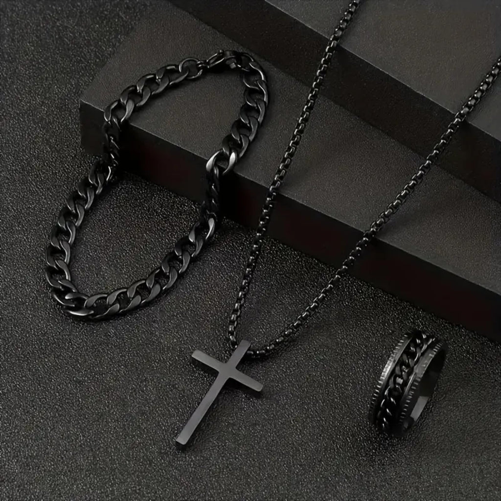 Alloy Cross Necklace Bracelet Ring Set of Three, Cross Pendant, Fashion Accessories, Suitable for Everyday Wear and Match