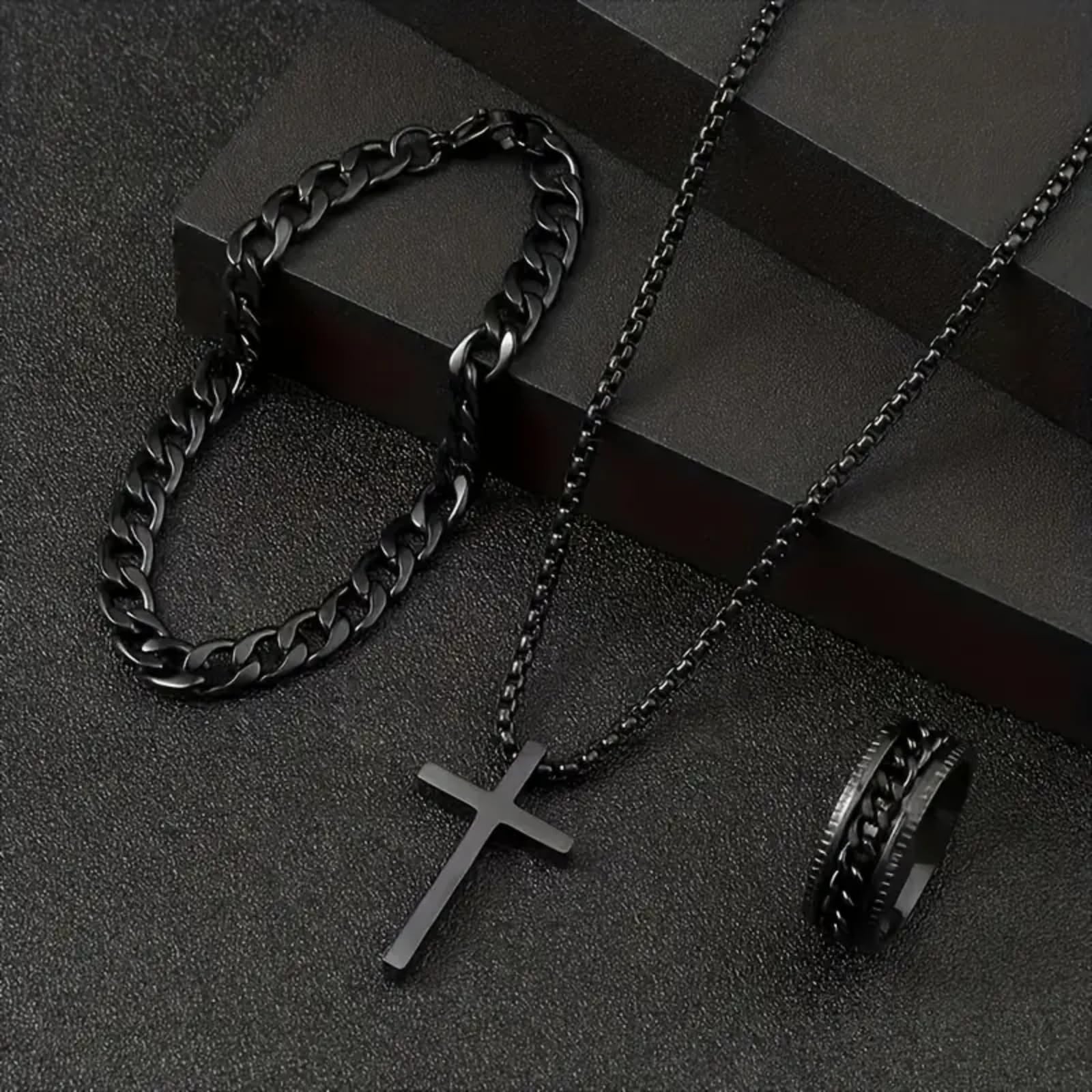 Alloy Cross Necklace Bracelet Ring Set of Three, Cross Pendant, Fashion Accessories, Suitable for Everyday Wear and Match