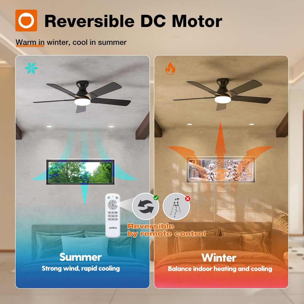 addlon Ceiling Fans with Lights, 52 inch Low Profile Ceiling fan with Light and Remote Control, Flush Mount, Reversible, 3CCT, Dimmable, Noiseless, Black Ceiling Fan for Bedroom, Indoor/Outdoor Use