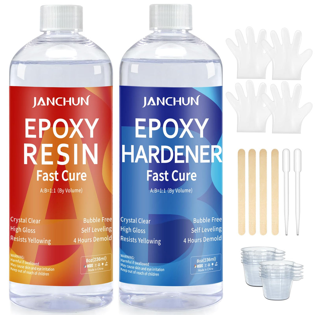 JANCHUN Crystal Clear Epoxy Resin Kit 16oz, Bubble-Free, Anti-Yellowing, Self Leveling Easy Mix 1:1 Coating and Casting Resin for Table Top, Molds, Tumbler Crafts, Painting, Jewelry, DIY Gifts