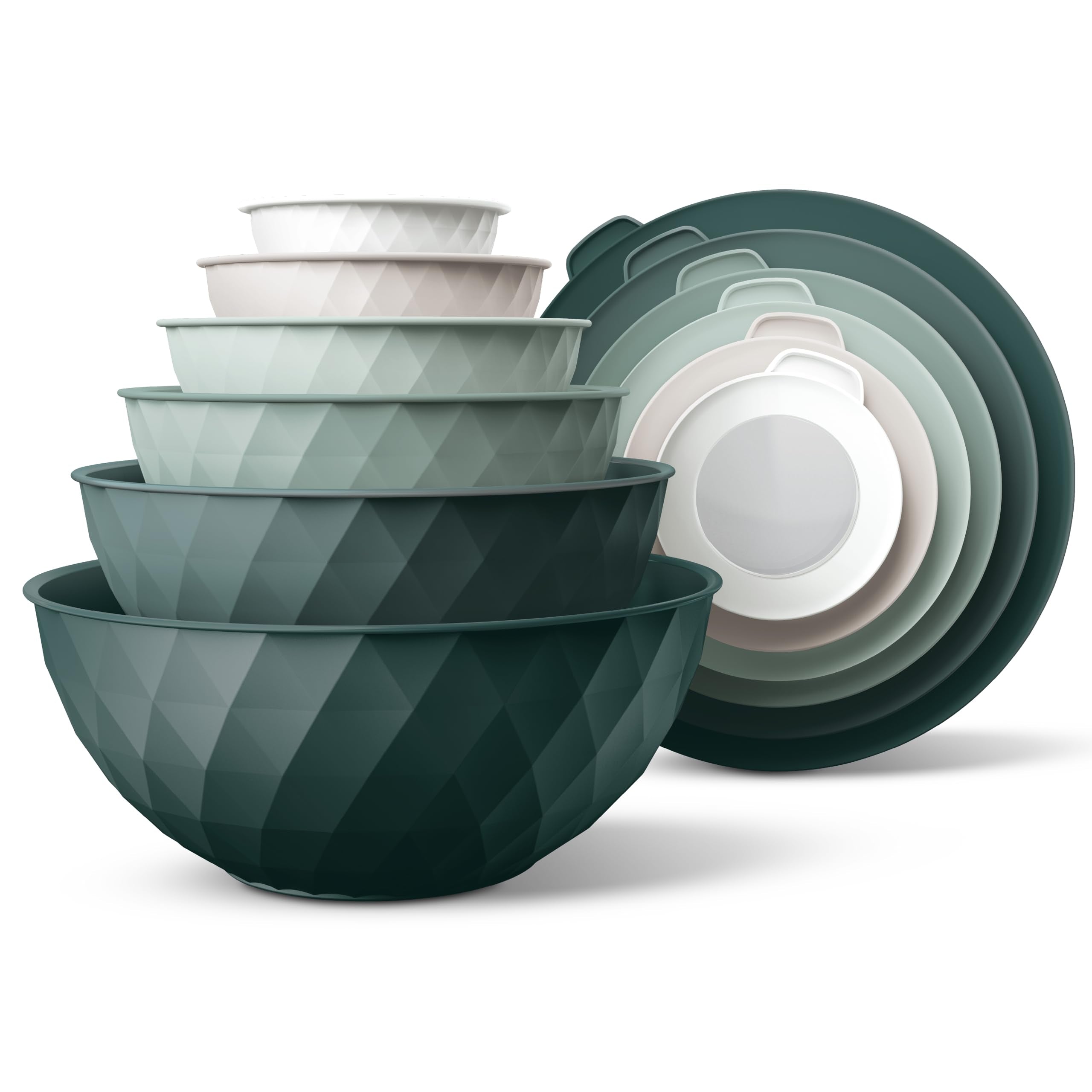 COOK WITH COLOR Mixing Bowls with Lids - 12 Piece Plastic Nesting Bowls Set includes 6 Prep Bowls and 6 Lids, Diamond Design - Microwave Safe (Mint)