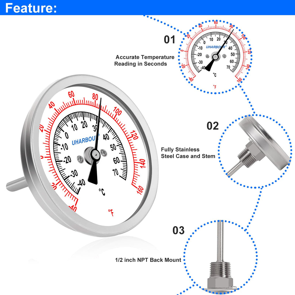 UHARBOUR Water Temperature Gauge, 3" Dial Fully StainlessSteel Water Temp Gauge, Water Thermometer with 2-1/2" Stainless Steel Stem, -40 to 160°F, 1/2" NPT Back Mount