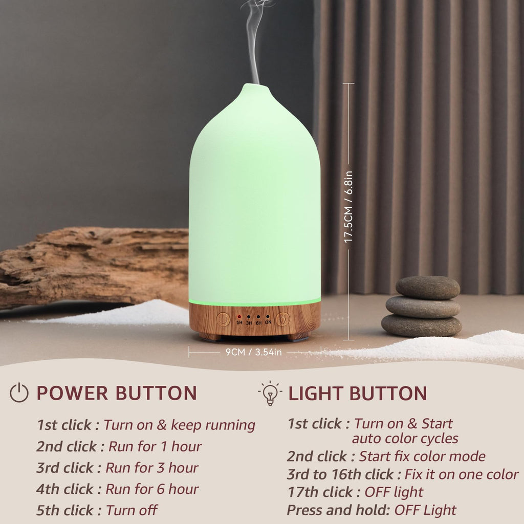 Gooamp 200ML Ceramic Diffuser,Aromatherapy Diffuser,Essential Oil Diffuser with 7 Color Lights Auto Shut Off for Home Office Room,Wood Grain Base (1/3/6/ON hrs Working time)