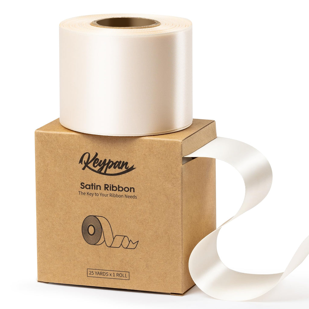 Keypan Ivory Satin Ribbon 2.5 Inch Double-Faced Polyester Cream Ribbons 25 Yards for Christmas Gift Bows Crafts Floral Bouquet Wedding Invitations