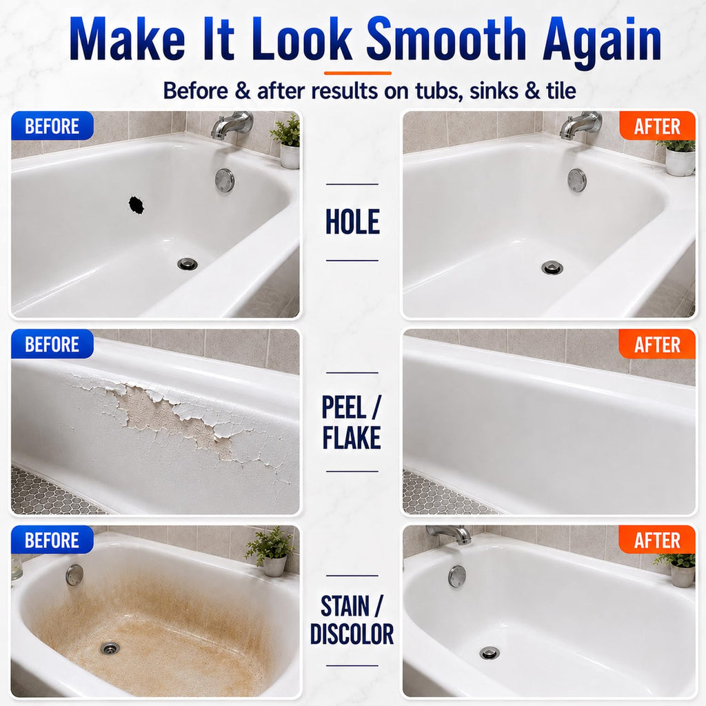 Tub Repair Kit White, Tub Chip and Bathtub Repair Kit for Enamel, Fiberglass, Acrylic, Porcelain, Patch and Repairs Chips, Crack, Scratches, Rust, Holes on Tubs, Toilet, Sink, Shower, Tray in Bathroom