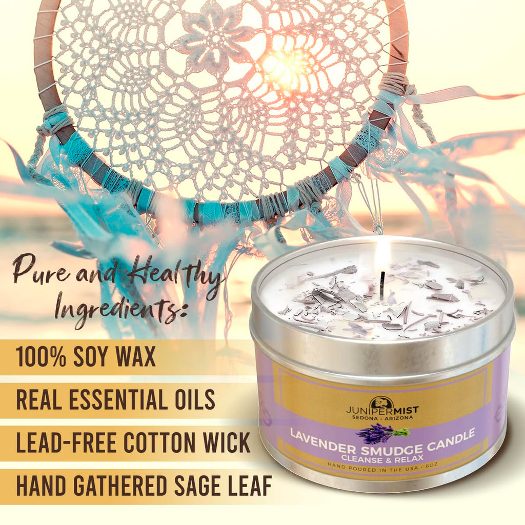 JUNIPERMIST Lavender Sage Smudge Candle (6 Oz) - for Meditation & Cleansing Negative Energy - Made in USA with Soy Wax, Essential Oils, Sage - Smokeless Alternative to Sage Smudge Sticks