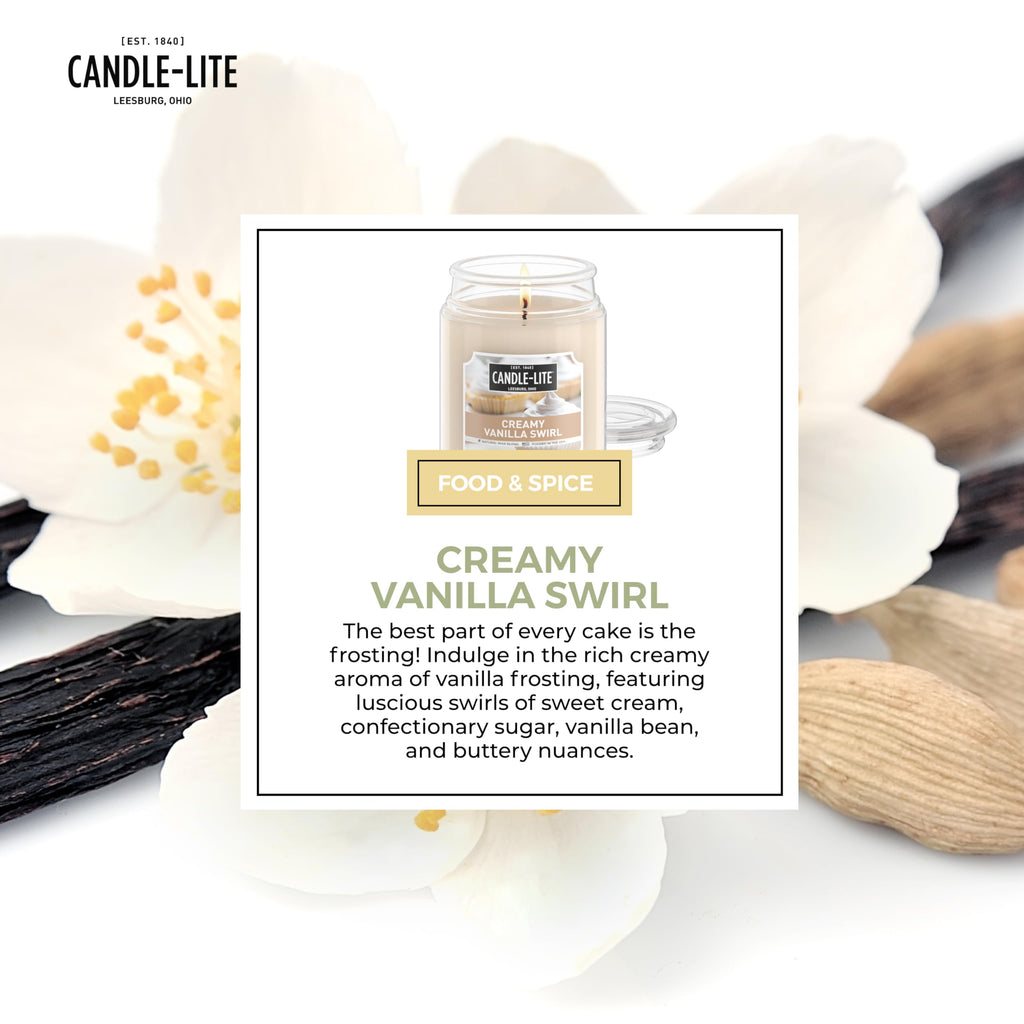 Candle-lite Scented Candles, Creamy Vanilla Swirl Fragrance, One 18 oz. Single-Wick Aromatherapy Candle with 110 Hours of Burn Time, Off-White Color
