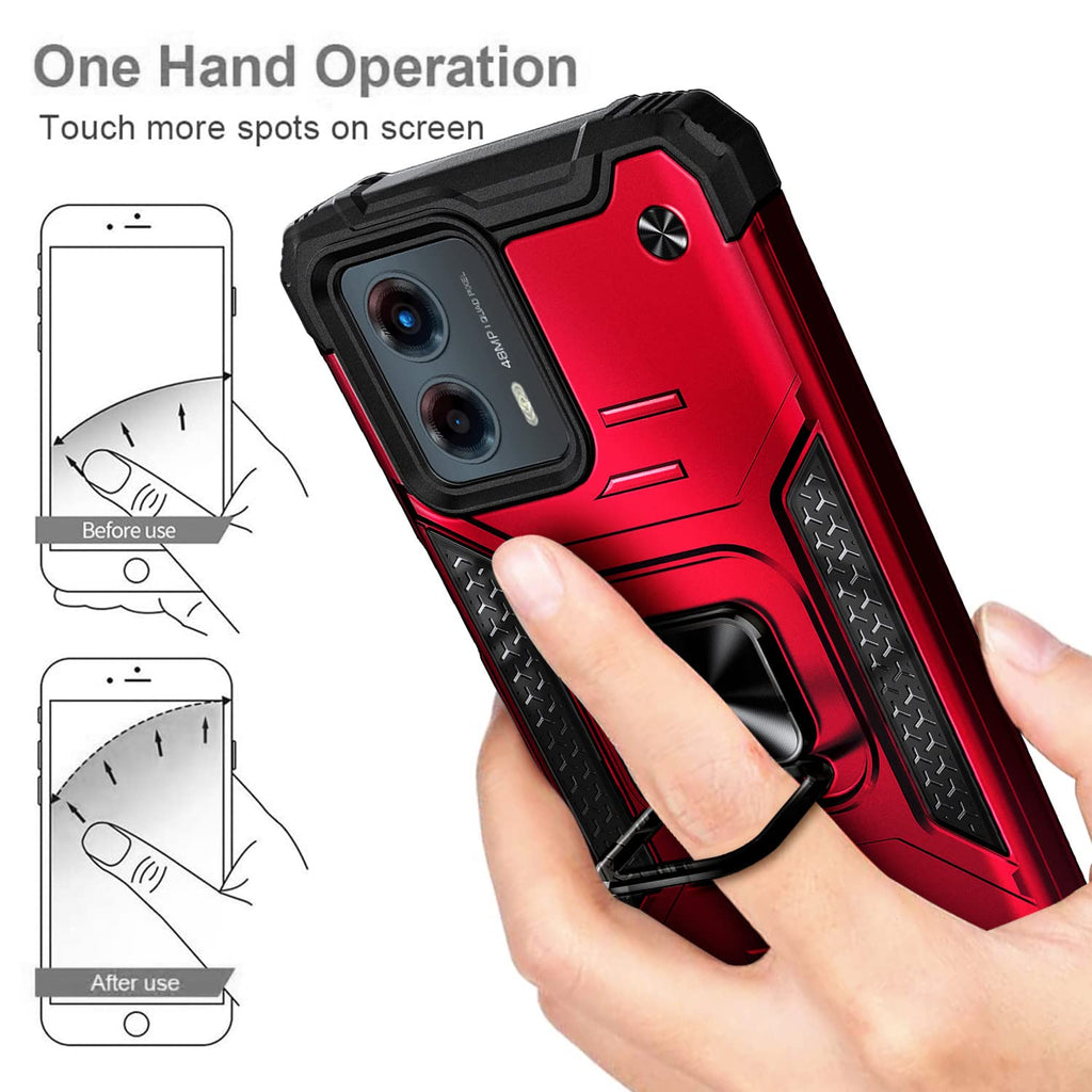 WDHD Compatible with Motorola Moto G 5G (2023) Case with Tempered Glass Screen Protector (Maximum Coverage), Full-Body Protective, Magnetic Car Mount Ring Holder, Heavy-Duty Case (Red)
