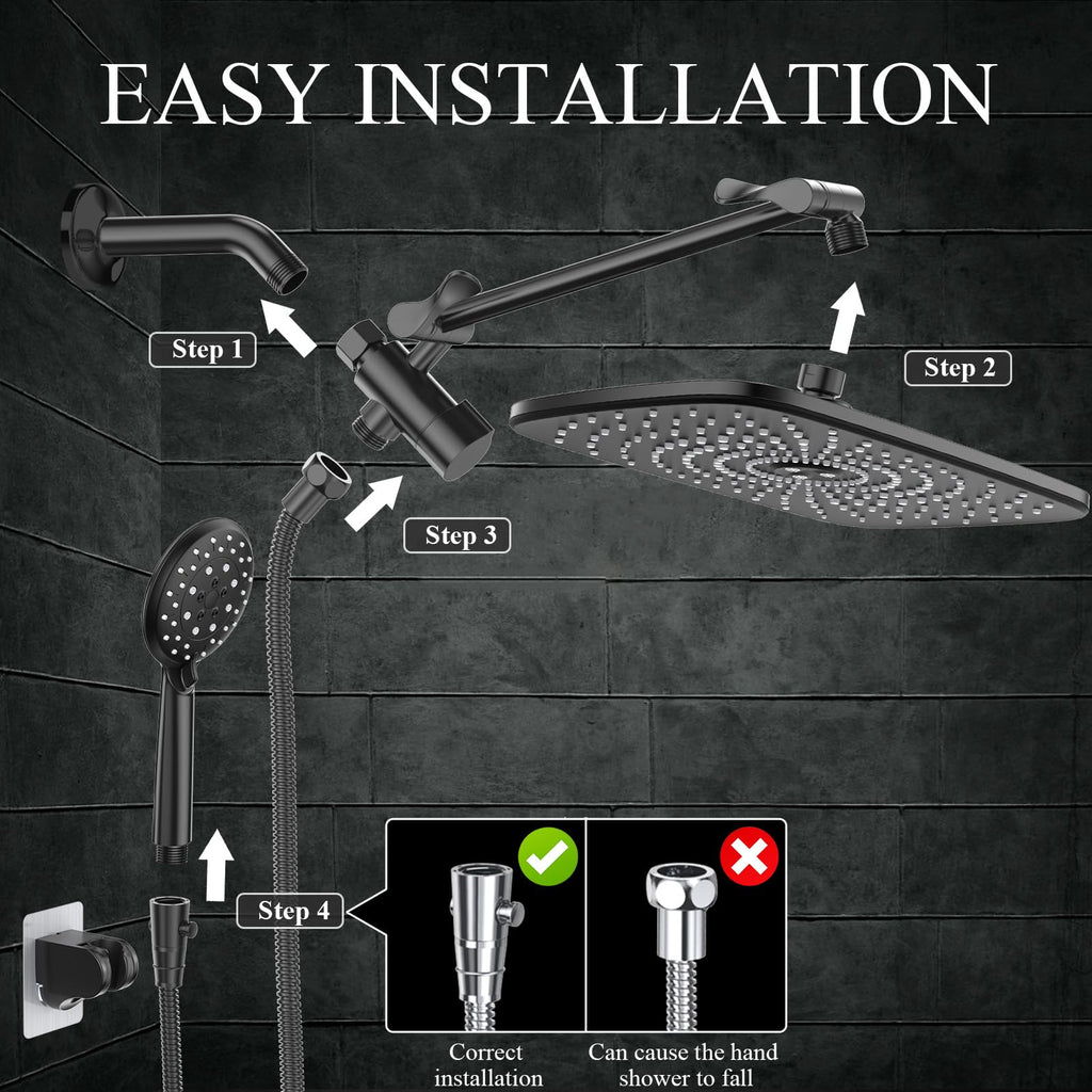 Veken 11.8 Inch High Pressure Rain Shower Head Combo with Extension Arm- Wide Showerhead with 5 Handheld Water Spray - Adjustable Dual Showerhead with Anti-Clog Nozzles - Matte Black