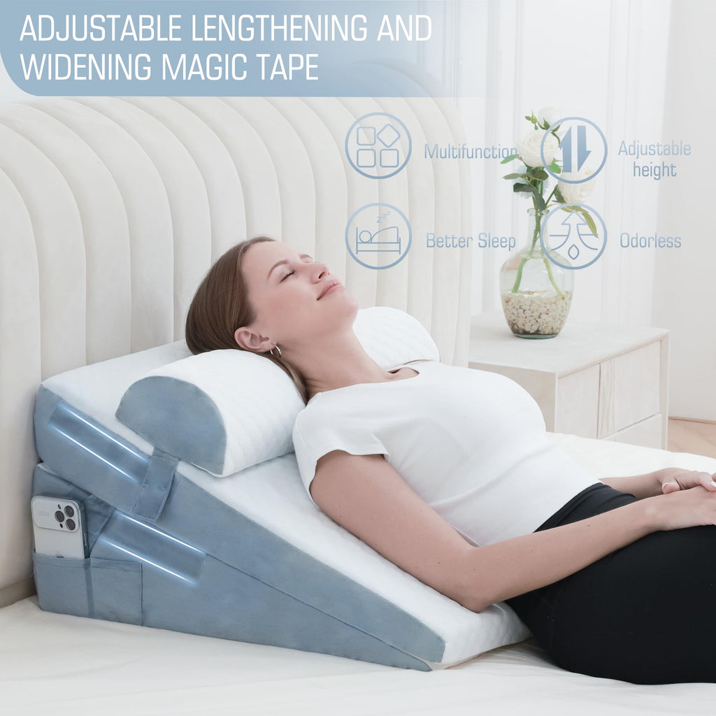 Ziiyllean Bed Wedge Pillow for Sleeping 3Pcs, Adjustable 4.5&7.5&12 Inch Memory Foam Wedge Pillow, Triangle Wedge Pillow Post Surgery Pillow for Acid Reflux, Heartburn, Snoring, Legs and Back Pain