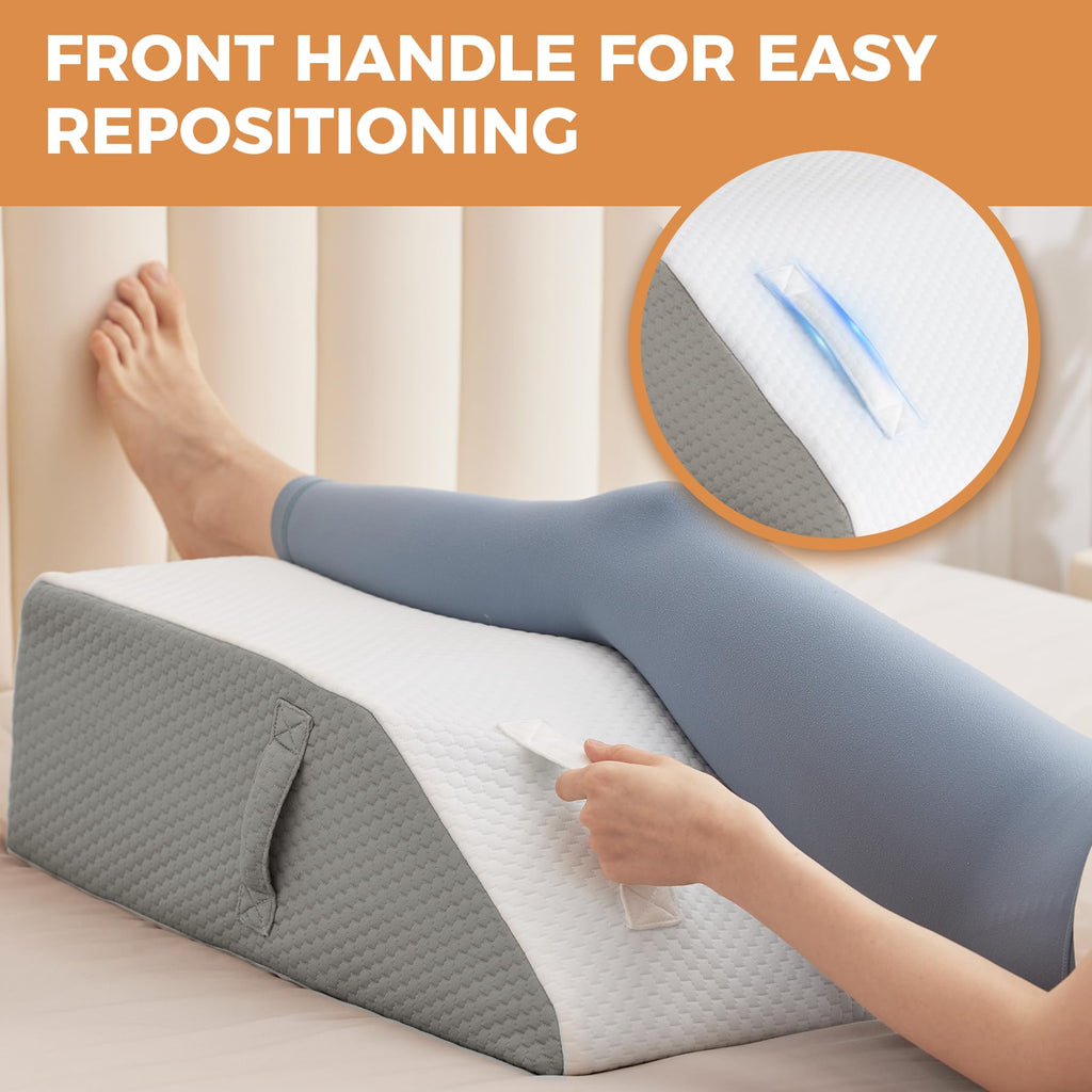 BIEEZZK Leg Pillow Elevation Blood Circulation, Leg Elevation Pillows for After Surgery, Swelling, Leg Elevating Pillows with Cover and Handle, Leg Pillow for Pain Relief, 23.6×16.8×8 Inch, White/Grey