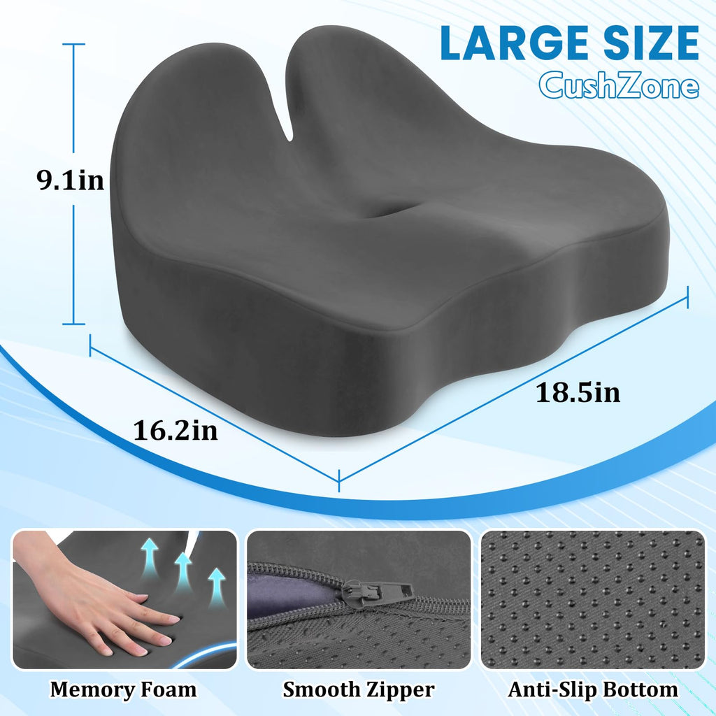 CushZone Seat Cushion, Memory Foam Office Chair Seat Cushion for Office Chairs/Car/Long Trip/Desk Chair/Gaming, Extra Large Size for Sciatica & Hip & Tailbone Pain Relief, Sciatica Support (Grey)