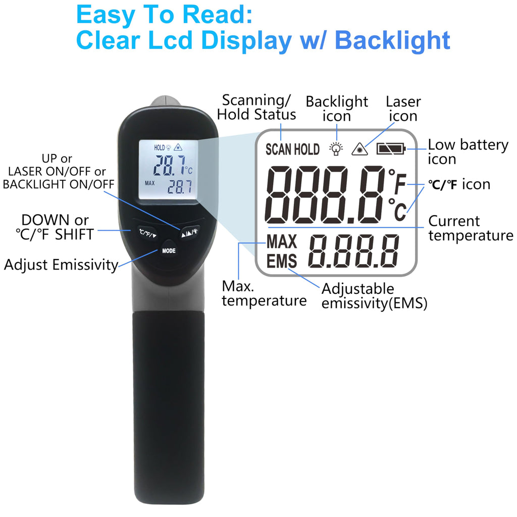 hito Infrared Thermometer Temperature Gun -58°F to 1112°F, Digital Heat Gun for Pizza Oven, Cooking, Meat, Candy, Laser Tool for Griddle, Grill, Indoor Room