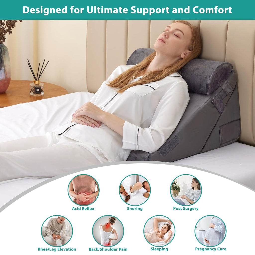 Bedluxe 3Pcs Orthopedic Bed Wedge Pillow Set, Foam Wedge Pillow Post Surgery for Back, Leg and Knee Support, Adjustable 9&12 Inch Folding Triangle Pillow for Sleeping, Acid Reflux, Snoring, Velvet