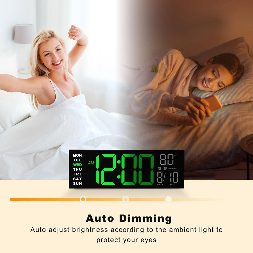 JALL 16" Large Digital Wall Clock Timer, Remote Controll, 2 Alarms, LED Display, 8 RGB Color, Auto DST, Temperature for Living Room, Bedroom, Desk, Mounted, Gift for Elderly (Green White, 16 inches)