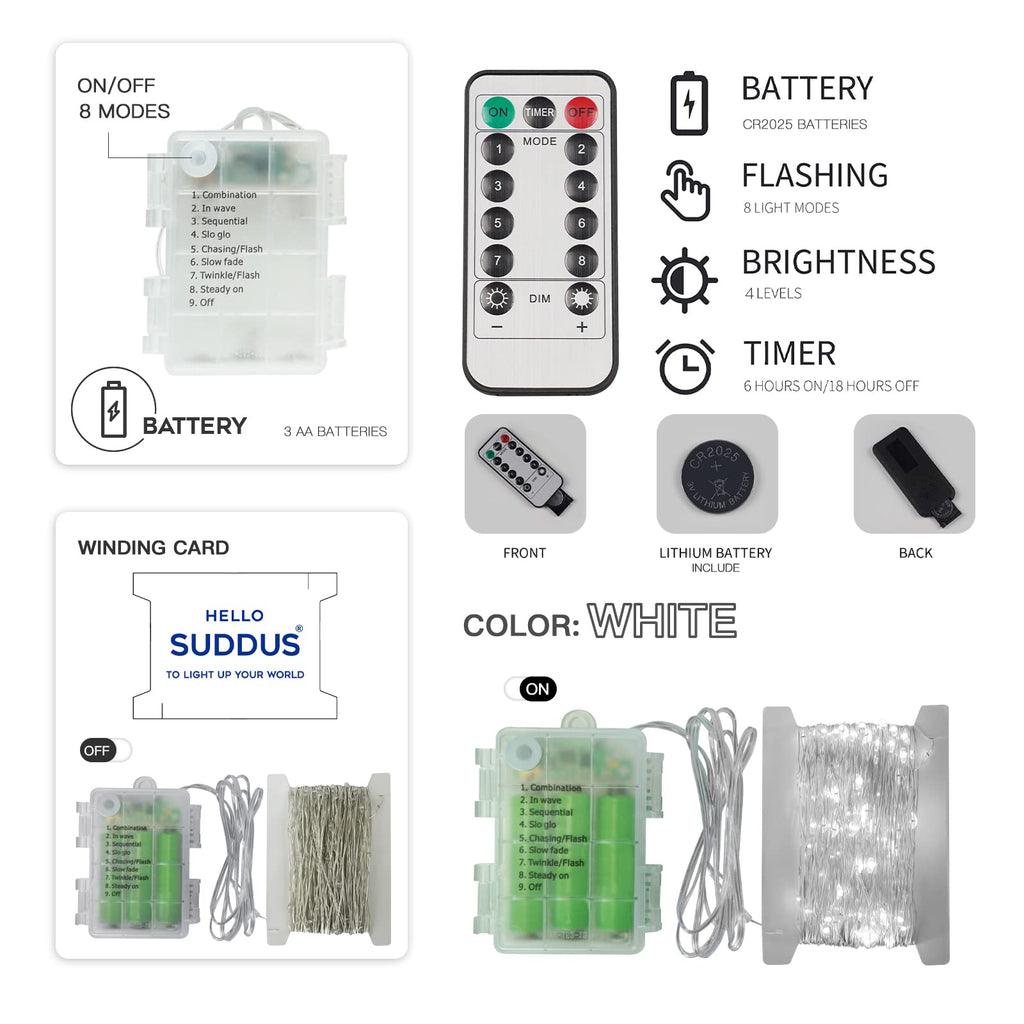 suddus 66ft 200 LED Outdoor String Lights, White Fairy Lights Battery Operated with Remote, Led Twinkle Lights for Bedroom, Wreath, Patio, Tapestry, Backyard, Garden, Christmas, Party, Indoor
