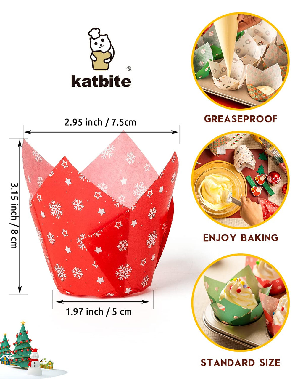 Katbite Christmas Tulip Cupcake Liners 200PCS, Muffin Baking Cupcake Liners Holders, Baking Cups, Cupcake Wrappe
