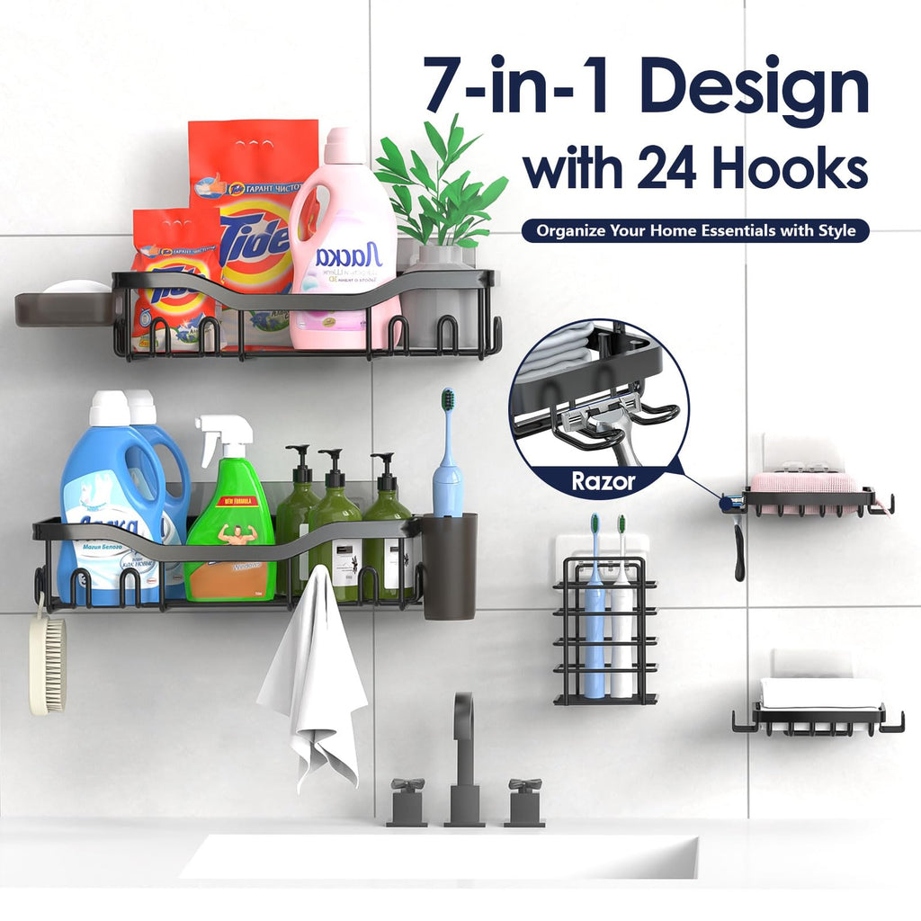 Shower Caddy Adhesive Shower Organizer 7-Pack, Rustproof Stainless Steel Bathroom Shelves, Large Capacity No-Drill Rack Storage Accessories with Soap Dish Toothbrush Holder &24 Hooks Home Decor